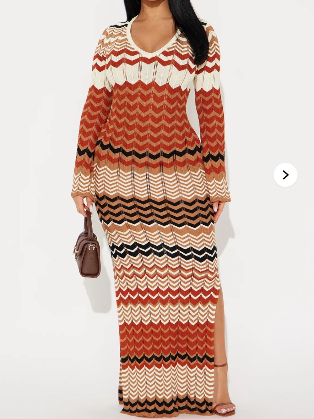 Chevron Knit Maxi Dress in Rust, Cream & Black